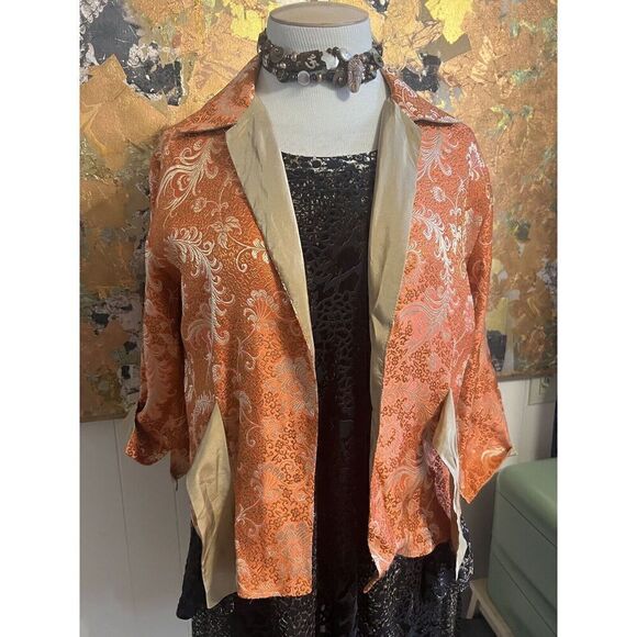 Vintage Gigi Clark Modern Couture 5/L Jacket Orange Gold Tie Front Jacquard - Picture 2 of 9